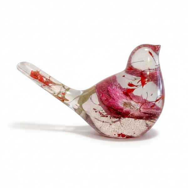 Ruby Rose Songbird resin decor with embedded real red rose and botanical details