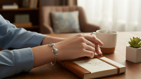 Person's hand with a bracelet on a wooden table with a notebook and mug.