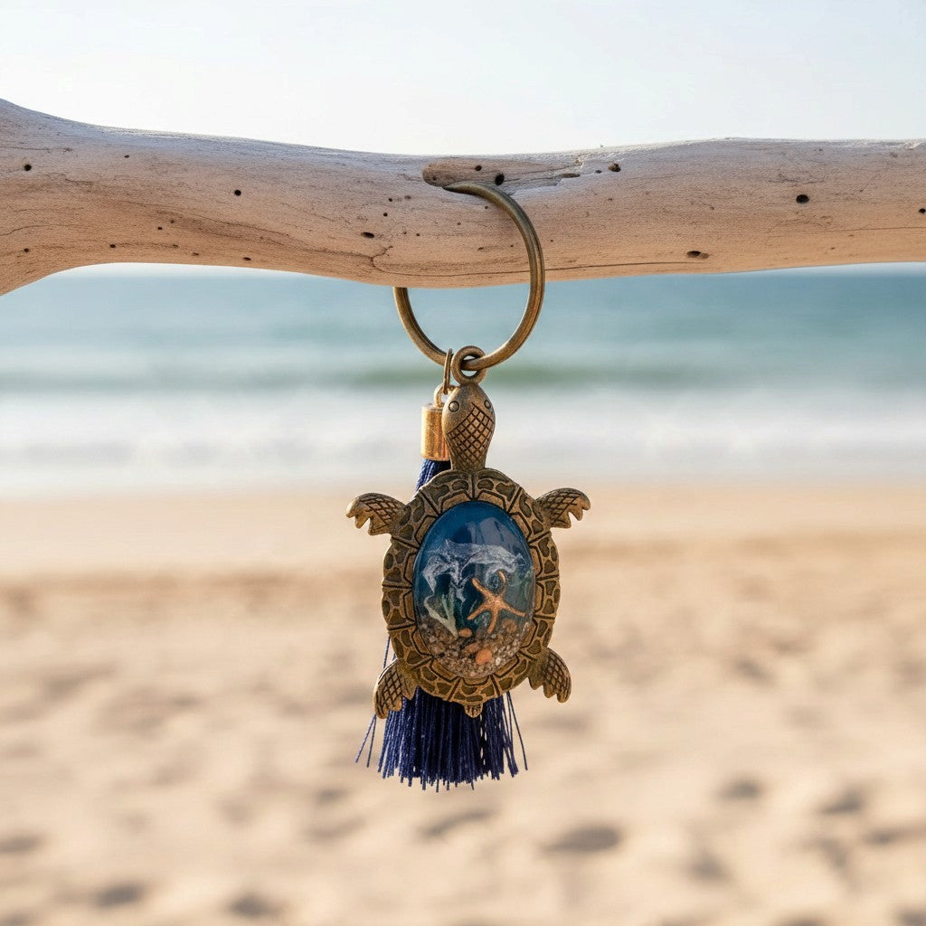 Ocean Keeper sea turtle keychain in bronze-tone metal with a blue resin shell, tiny coastal details and navy tassel