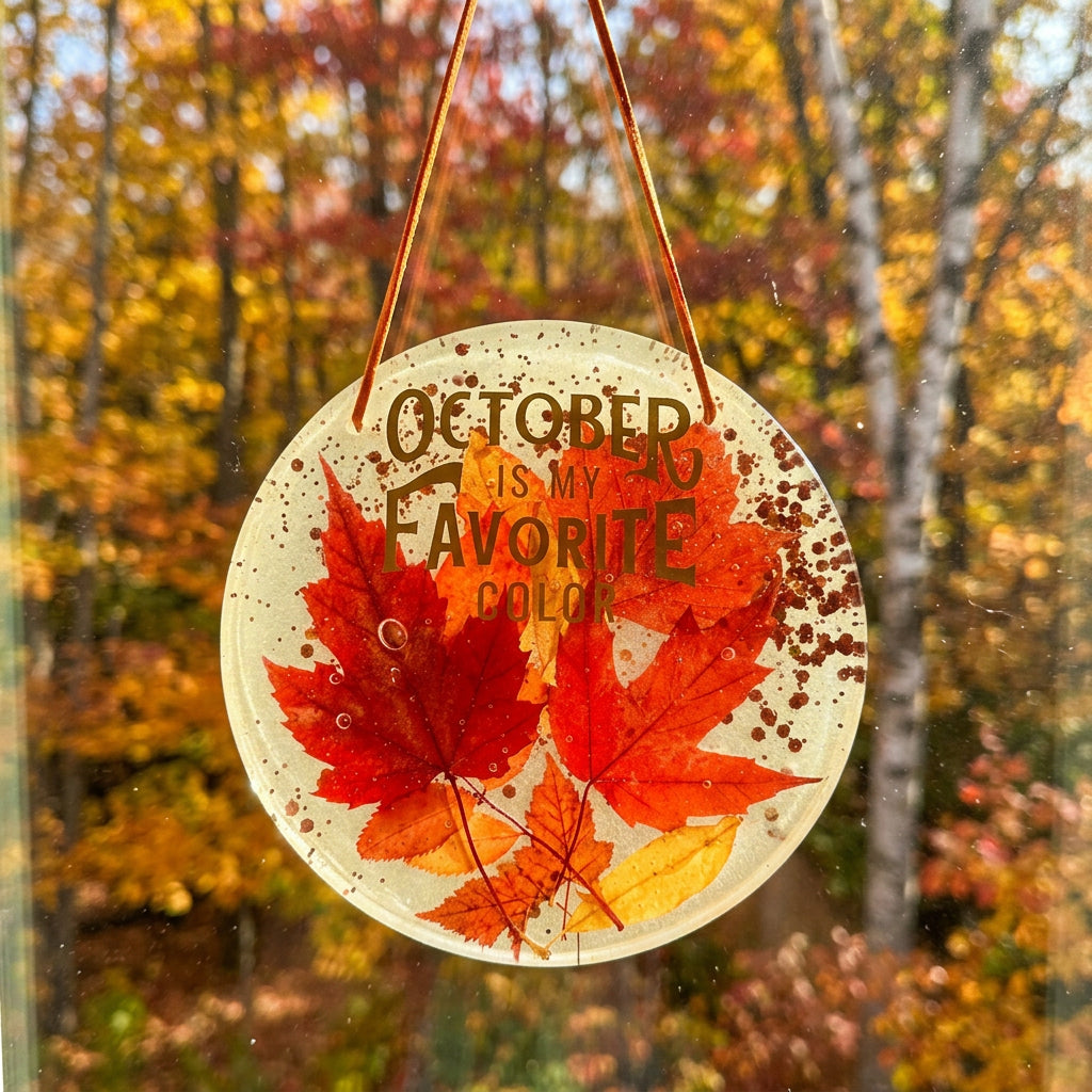 October Glow round resin wall art with vivid red and orange maple leaves, copper flecks, and autumn lettering