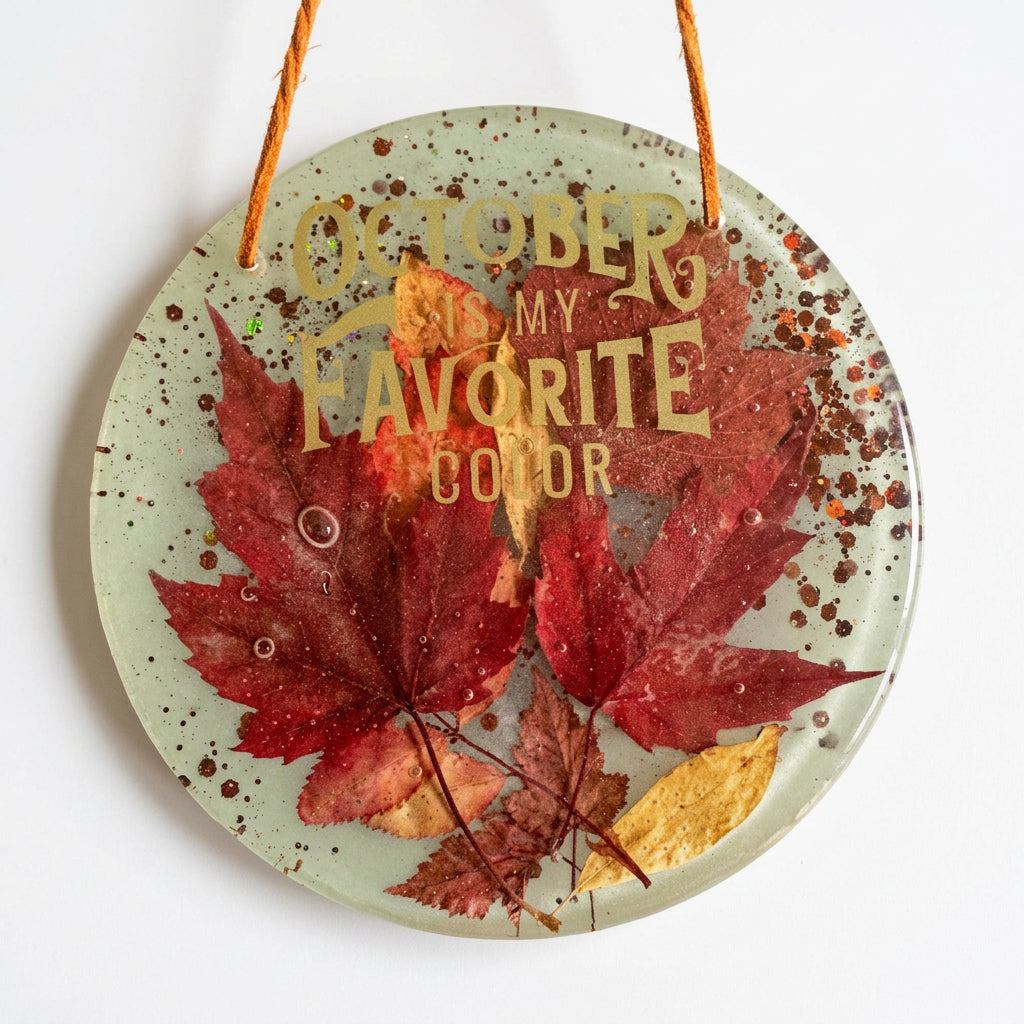 October Glow round resin wall art with red and yellow maple leaves, copper glitter, and gold lettering