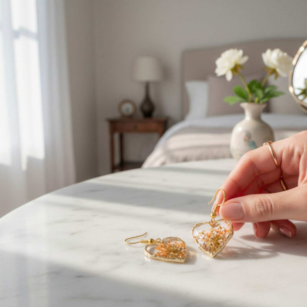 Golden Sunset Hearts | Real Orange Queen Anne Lace Gold Leaf Earrings