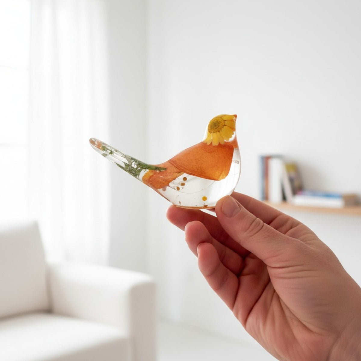 Sunset Bloom Songbird | Orange Rose Resin Bird Decor
