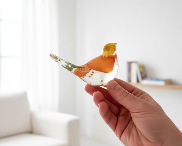 Sunset Bloom Songbird | Orange Rose Resin Bird Decor