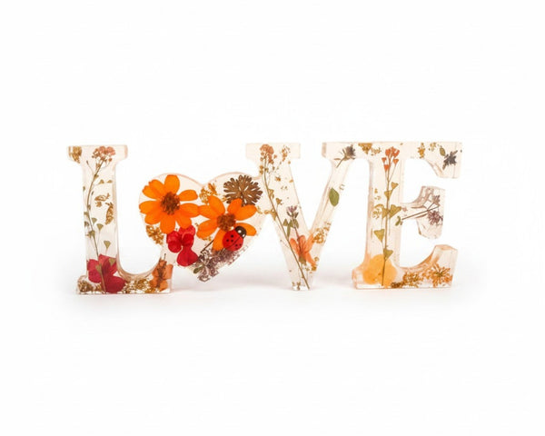 Wildflower LOVE word art with real pressed flowers and ladybug in clear resin letters for home decor