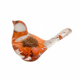 Orange sunflower resin bird decor with real orange sunflower embedded in clear resin and small floral accents in the tail.