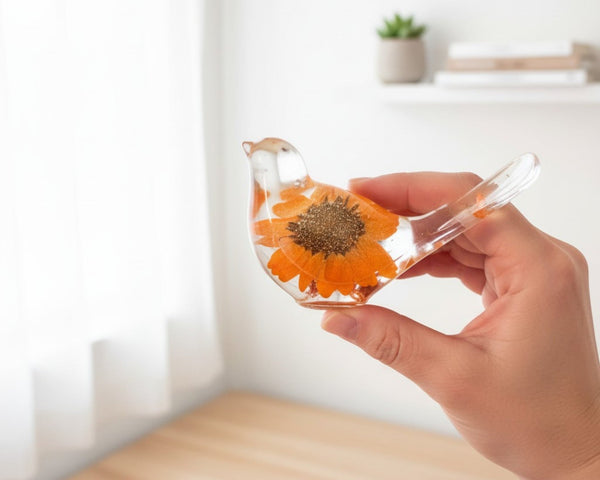 Small clear resin bird decor with a bright orange sunflower encased inside and delicate floral accents, showcasing an orange sunflower design.