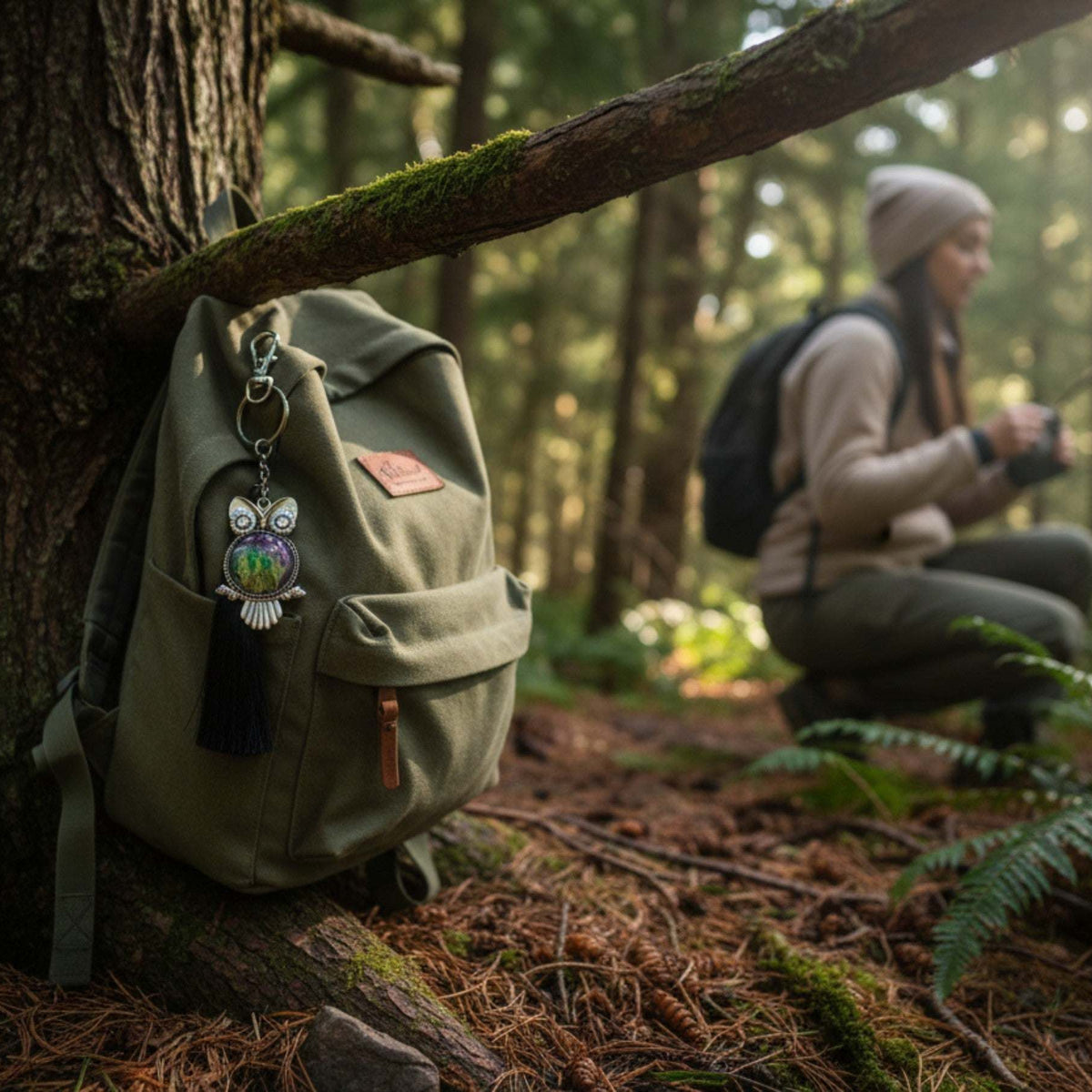 Northern Lights owl keychain styled on a bag to show scale and everyday use.