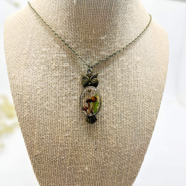 Enchanting Owl Mushroom Forest Pendant - Dried Ferns and Mushrooms