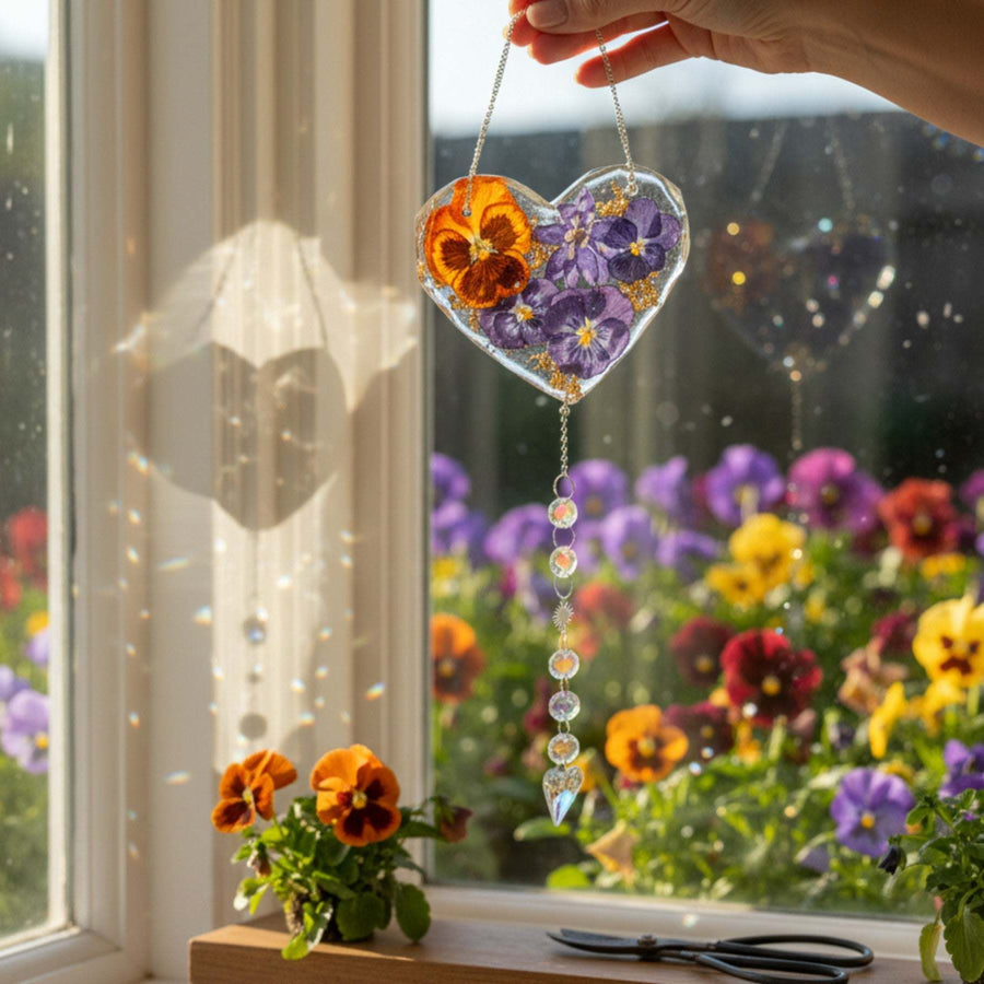Botanical Heart Suncatcher | Handmade Pressed Purple Pansy & Gold Leaf