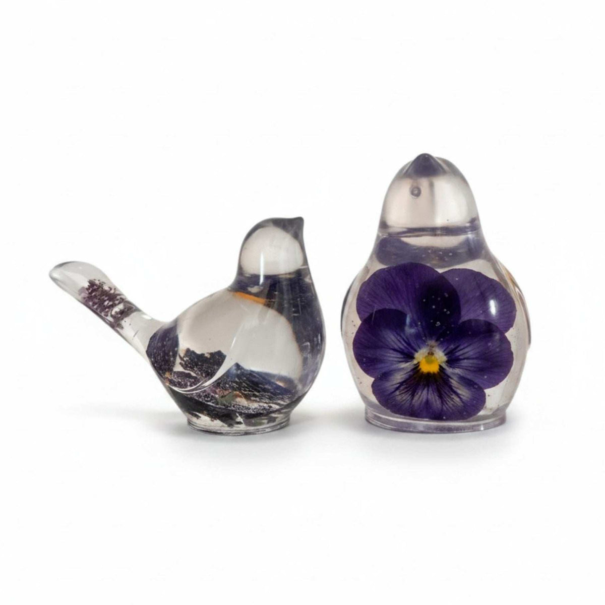 Pansy Garden Duo pansy resin bird pair with real deep purple pansies and thyme flowers in clear resin, handmade Canada