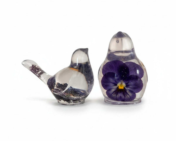 Pansy Garden Duo pansy resin bird pair with real deep purple pansies and thyme flowers in clear resin, handmade Canada