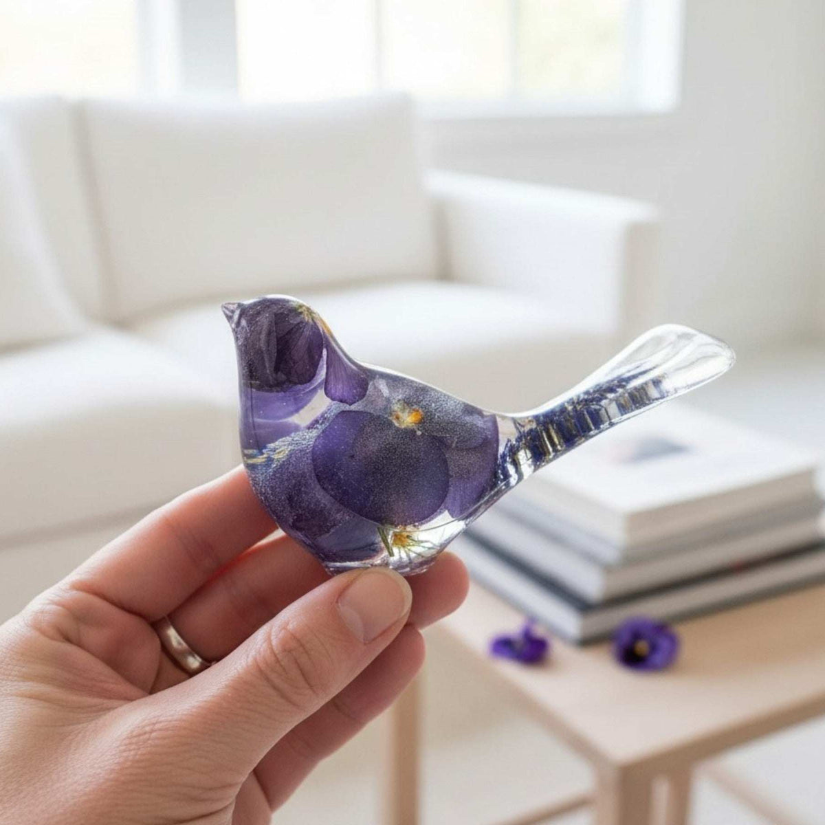 Purple Pansy resin bird decor piece with real pressed purple pansies embedded in clear resin, handmade floral design.