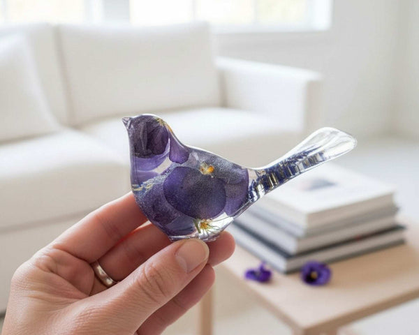 Purple Pansy resin bird decor piece with real pressed purple pansies embedded in clear resin, handmade floral design.