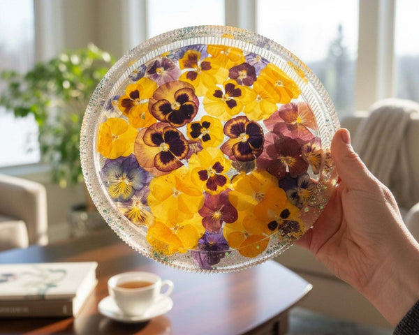 Floral Pansy Tray with Real Pressed Flowers Nature-Inspired Home Decor