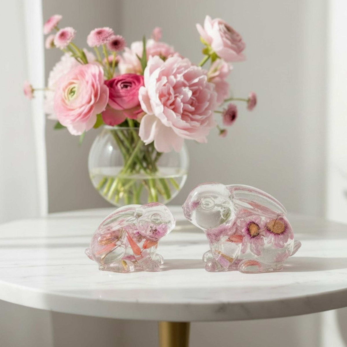 Blossom and Burrow pink floral resin bunny decor with real preserved spring blooms handmade Canada sold as a set of two