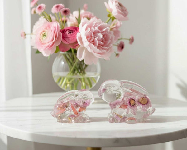 Blossom and Burrow pink floral resin bunny decor with real preserved spring blooms handmade Canada sold as a set of two