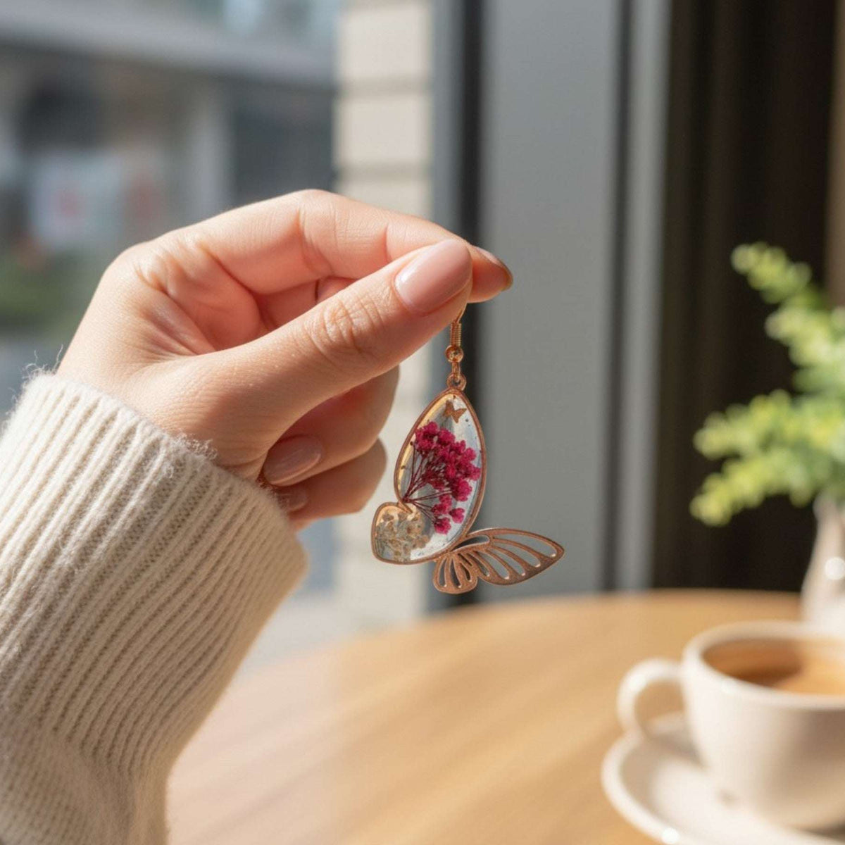 Rose gold Garden Wing Earrings with pressed deep pink and white flowers in resin butterfly wings and gold butterfly accent