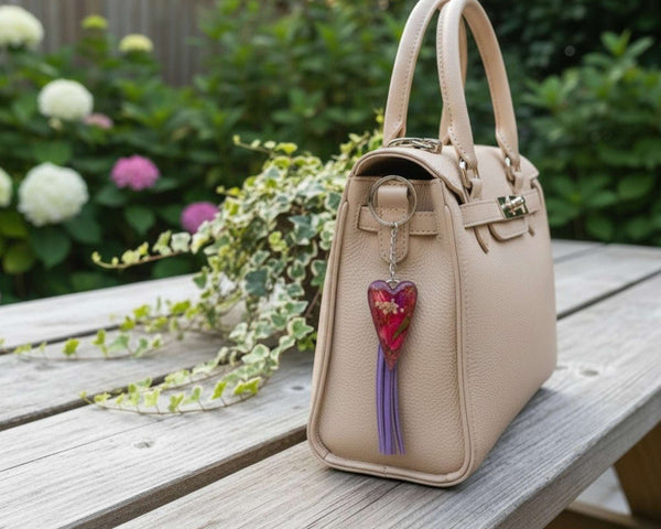 A pink heart floral bag charm hanging from the handle of a neutral-toned leather purse to show scale and style
