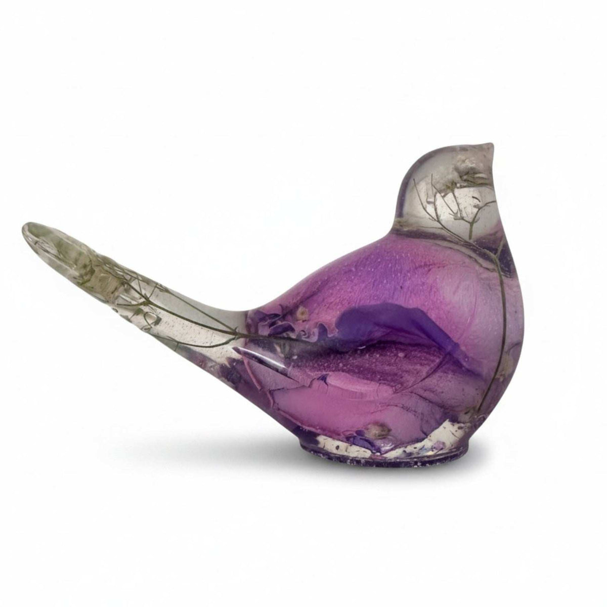 Purple rose petal resin bird decor with real rainbow rose petals and baby's breath encased in clear resin