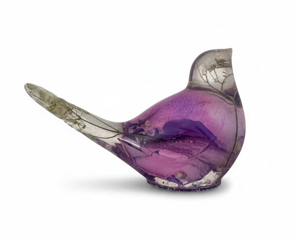 Purple rose petal resin bird decor with real rainbow rose petals and baby's breath encased in clear resin