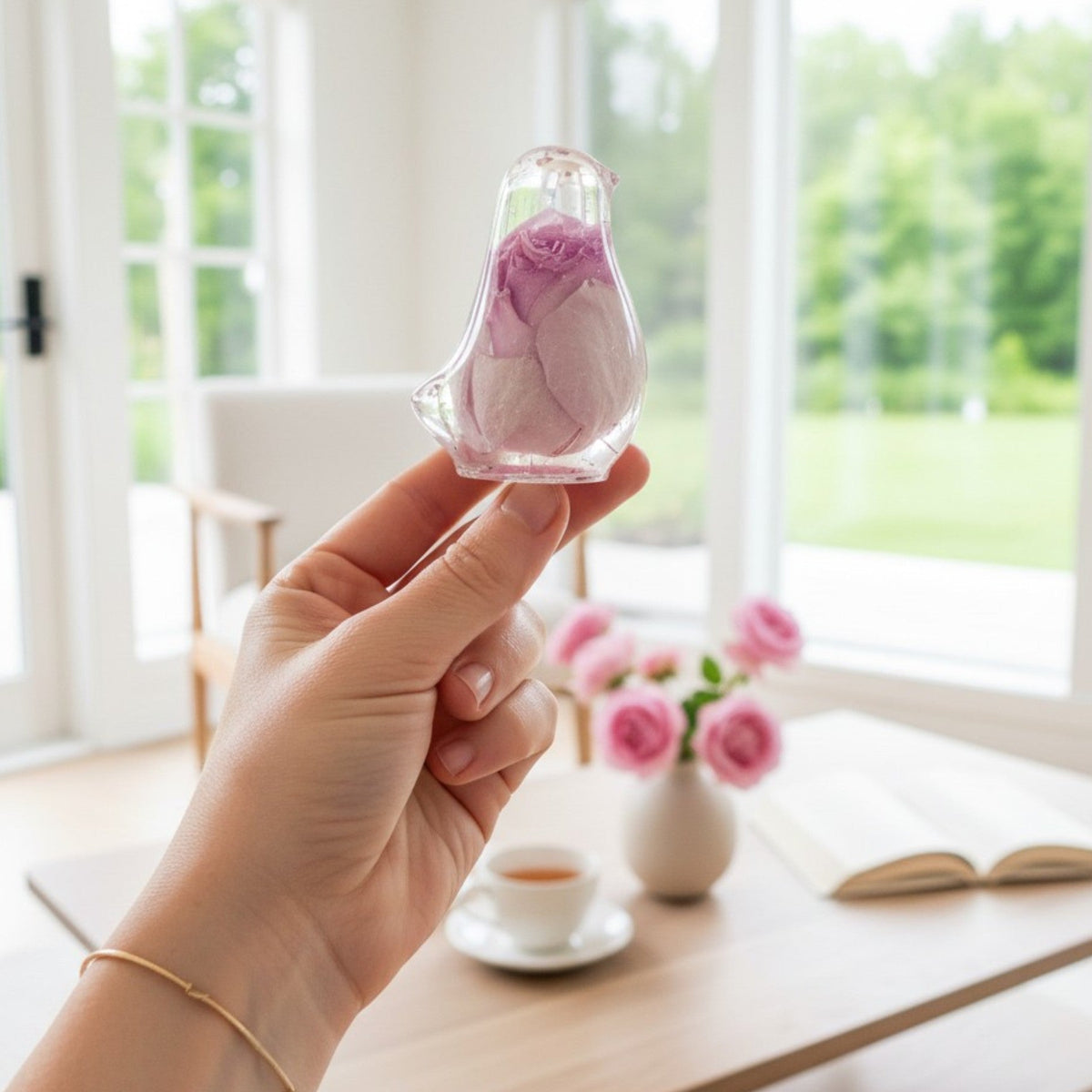 Pink rose resin bird decor with preserved soft pink rose inside clear resin, handmade artisan craft