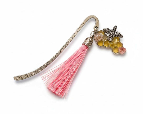 Rose Hive Bookmark honey bee bookmark handmade with silver hook, pink tassel and golden honeycomb resin charm