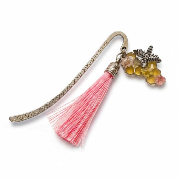 Rose Hive Bookmark honey bee bookmark handmade with silver hook, pink tassel and golden honeycomb resin charm