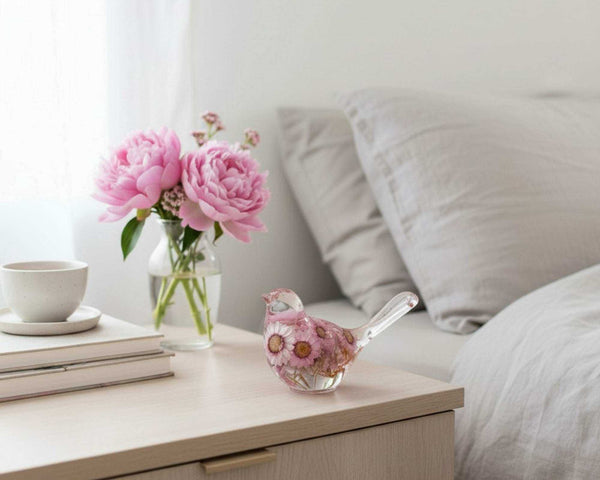 Pink Blossom botanical resin bird with real flowers and fluorite stones