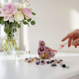 Pink Blossom botanical resin bird with real flowers and fluorite stones