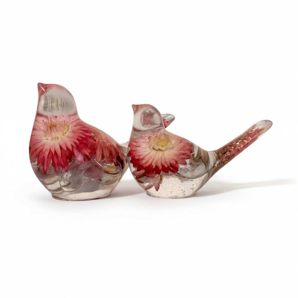 Rosy Nest Duo pink strawflower resin bird pair with real fluorite gemstones and gold leaf, handmade Canada
