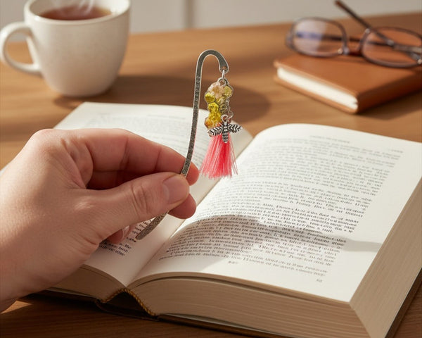 Rose Hive Bookmark honey bee bookmark handmade with silver hook, pink tassel and golden honeycomb resin charm