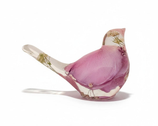 Handmade pink rose petal resin bird with real preserved petals and baby's breath in clear resin decor