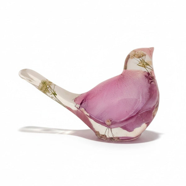 Handmade pink rose petal resin bird with real preserved petals and baby's breath in clear resin decor