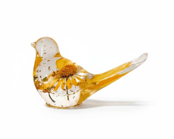 Handcrafted resin bird with real yellow floral daisy and gold leaf accents
