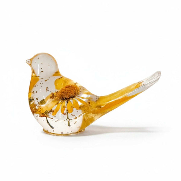 Handcrafted resin bird with real yellow floral daisy and gold leaf accents