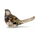 Blue Lupine resin bird decor in clear resin, with embedded purple and golden blooms and delicate green fronds in its tail.