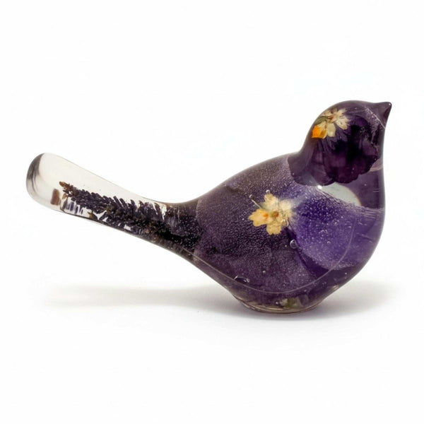 Handmade Purple Pansy resin bird decor featuring real pressed flowers and purple sage in a clear resin body and tail.
