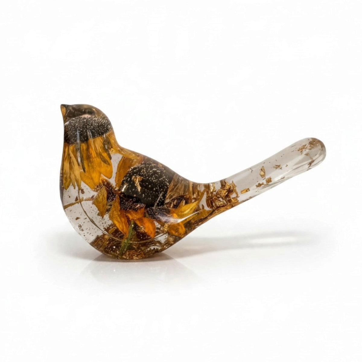 Black eyed susan resin bird with clear resin body, golden petals, dark brown flower centres and gold leaf flecks in its tail.