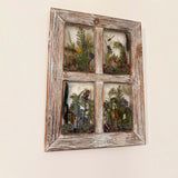 Pressed flower window art in a distressed whitewashed wood frame, with four resin panes of colorful pressed botanicals and greenery