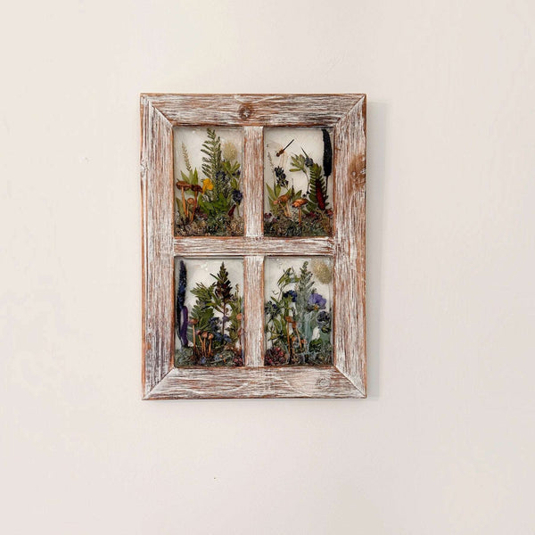 pressed flower window art in a distressed whitewashed wood frame, with four clear panes holding colorful ferns and wildflowers