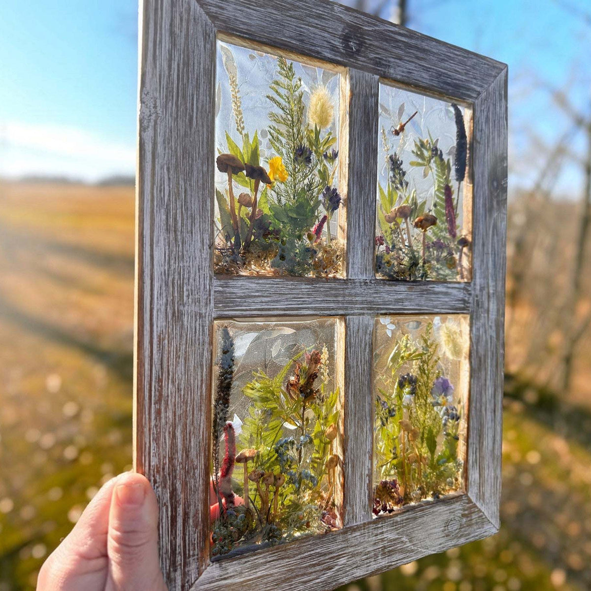 Pressed flower window art in a weathered gray wood frame, with four clear resin panes of colorful dried botanicals and a dragonfly