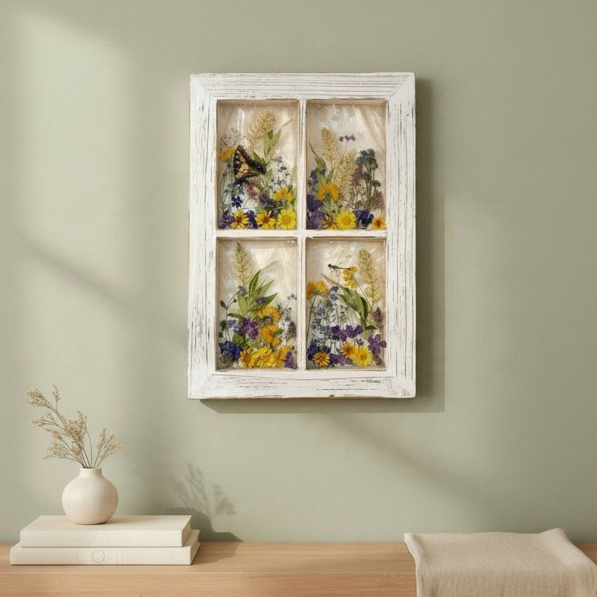 Pressed flower window art held up to the winter light, showing the translucent resin panes