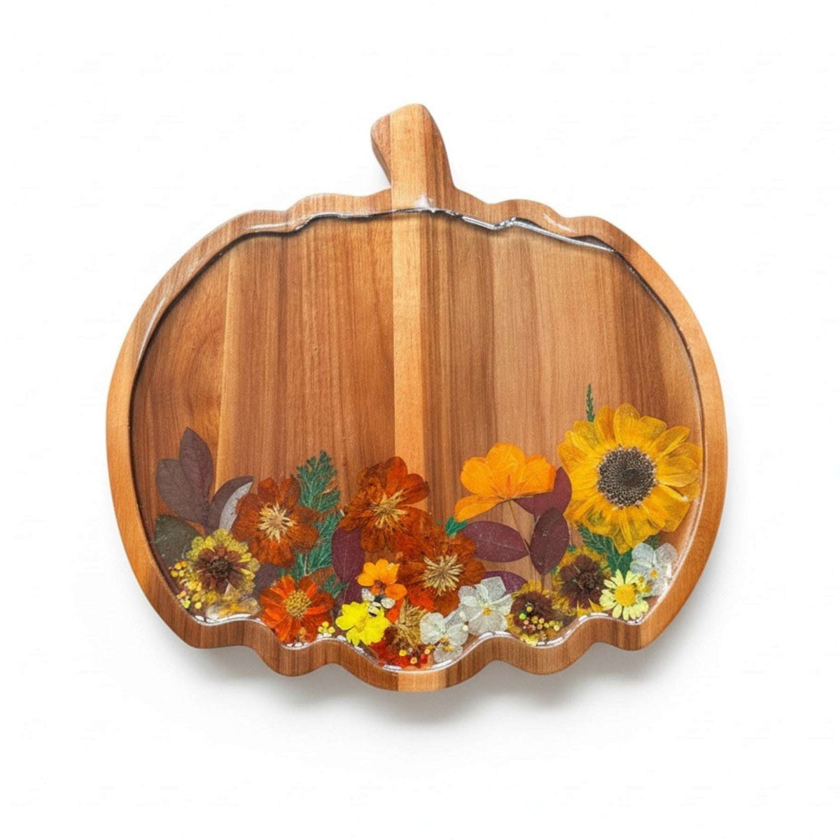 Handmade wooden pumpkin tray with real pressed sunflower, dried botanicals, bee charm, and gold glitter for fall decor