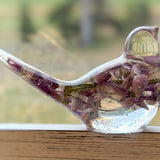 Purple lupine resin bird with blooms running the full length of the tail