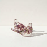 Two purple lupine resin bird figurines together, light purple and dark purple