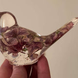 Purple lupine resin bird with real foraged lupines preserved in clear resin