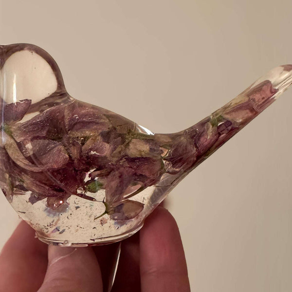 Purple lupine resin bird with real foraged lupines preserved in clear resin