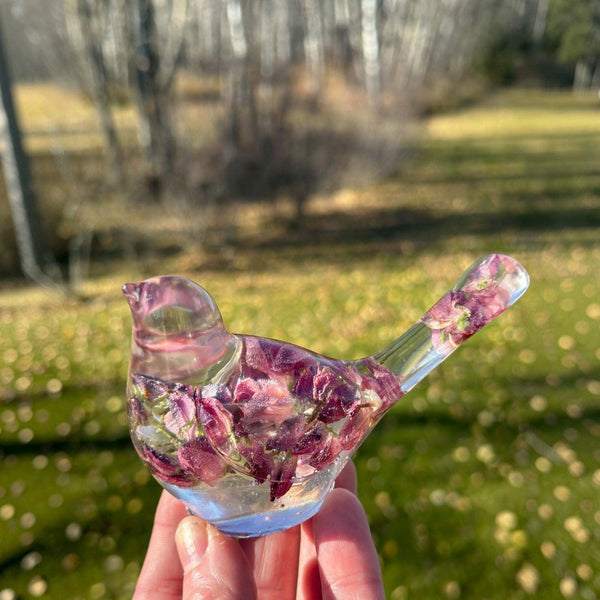 Purple lupine resin bird figurine with dried lupine blooms and green stems