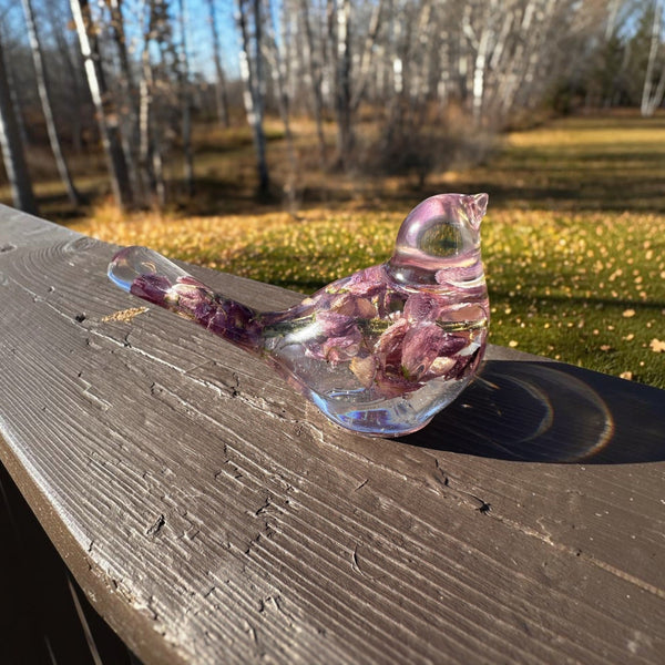Close up of the dried lupines inside a purple lupine resin bird